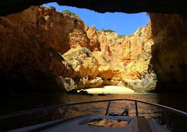 Our boat inside the Benagil cave during a Private Sunset Boat Trip to the Benagil Cave from Portimão with SeaSiren Tours Algarve.