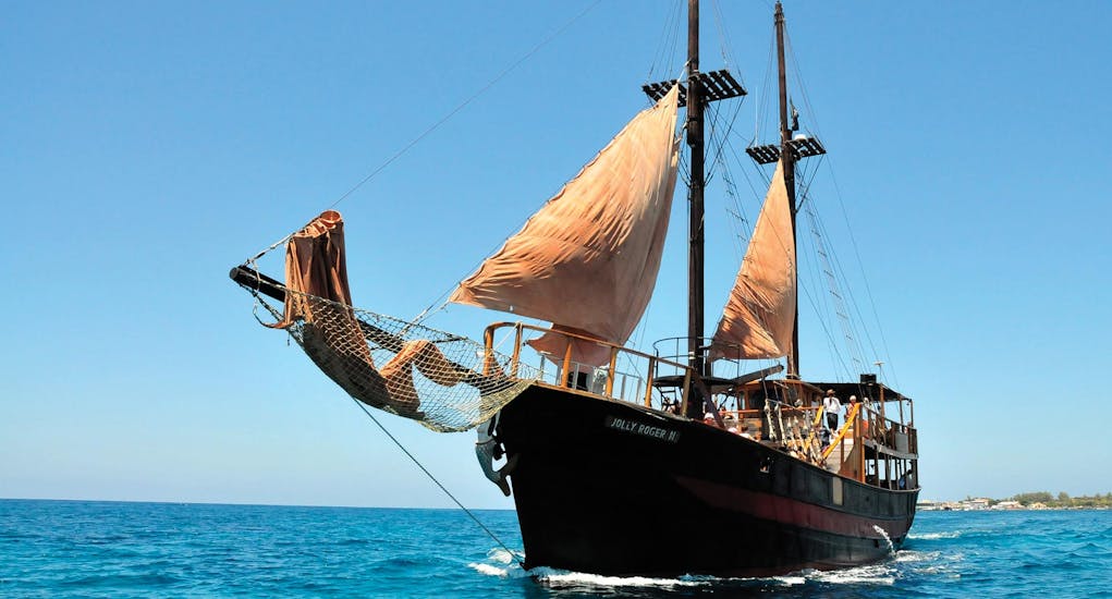 View of the Jolly Roger, the vessel that will take you on a pirate boat trip from Paphos to Rikkos Beach.