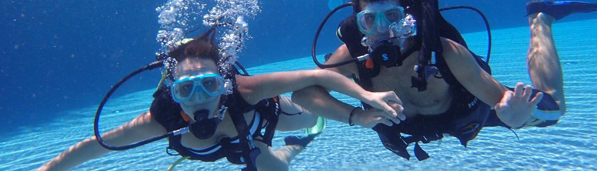 Dos amigos buceando durante un curso PADI Open Water Diver en Sagres para principiantes con Pura Vida Divehouse.