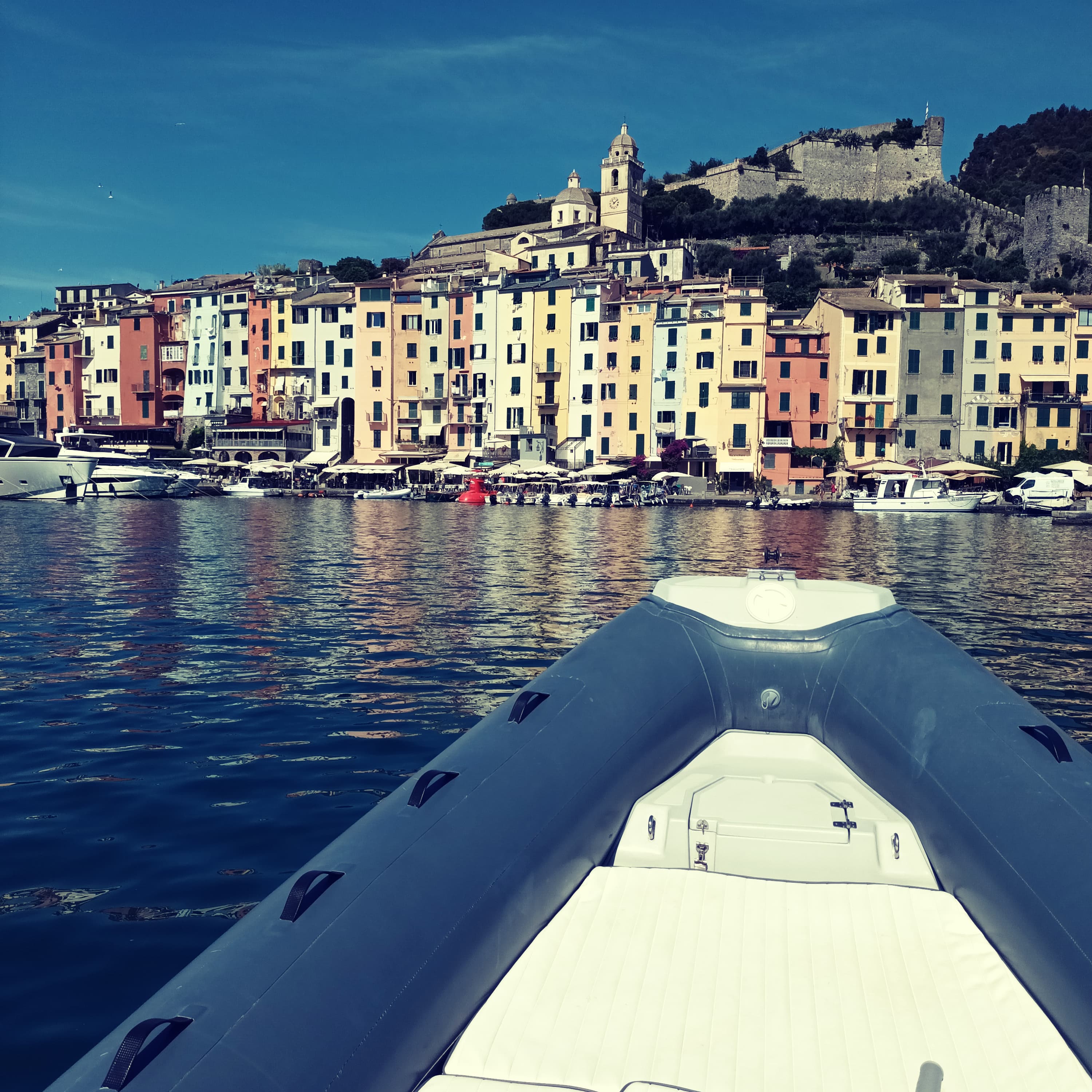 Our boat in front of Porto Venere during the Private RIB Boat Trip in the Gulf of Poets with Snorkeling with Nautical Rent Boat Tour Portovenere.