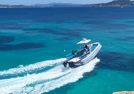 Photo of our boat speeding across the water during a RIB boat trip from S. Teresa di Gallura to La Maddalena.