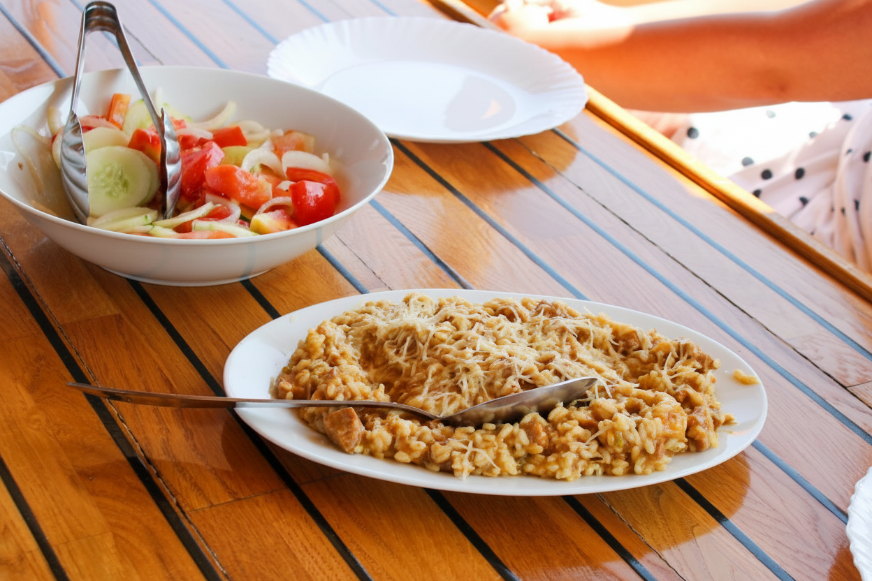 Déjeuner risotto et salade lors d'une excursion en bateau Un délicieux déjeuner composé de risotto et de salade fraîche est servi sur une table en bois lors de l'excursion en bateau au parc national de Krka au départ de Šibenik avec Avalon Yachting Šibenik.