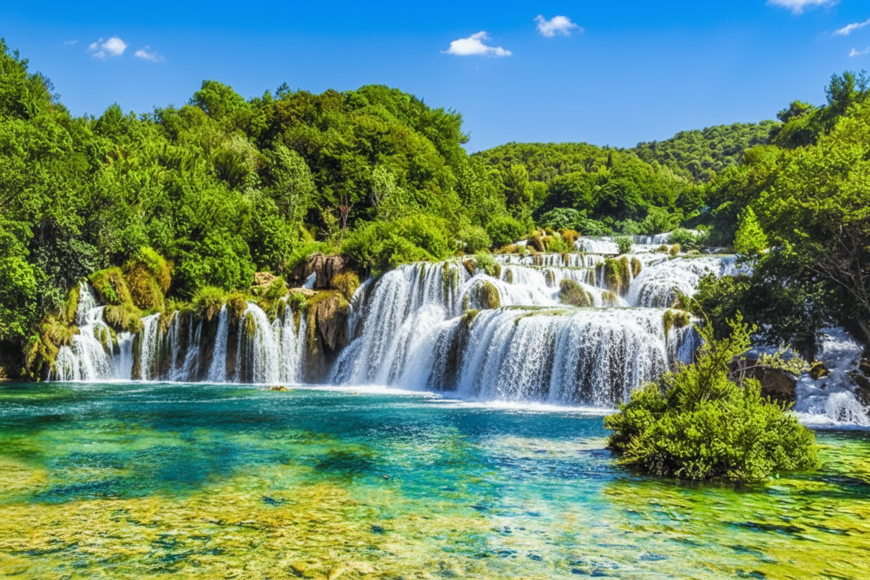 Une excursion en bateau jusqu'aux magnifiques chutes d'eau du parc national de Krka Par une journée ensoleillée, les cascades du parc national de Krka se jettent dans un lac turquoise, un moment fort de l'excursion en bateau au départ de Šibenik avec déjeuner et boissons proposés par Avalon Yachting Šibenik.