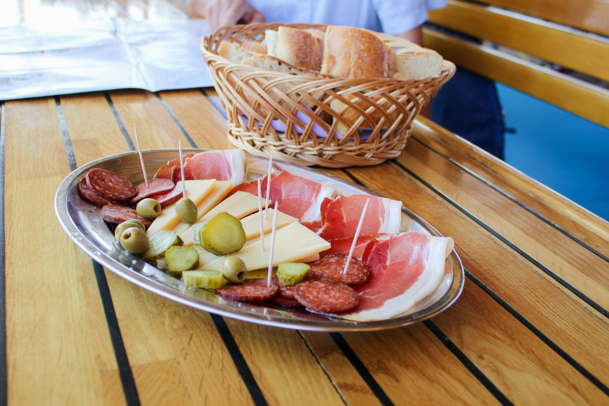Platter of cold cuts and cheese for lunch on a boat trip A platter of cured meats, cheese, and pickles is served as lunch on a wooden table during the boat trip to the Kornati National Park with Avalon Yachting Šibenik.