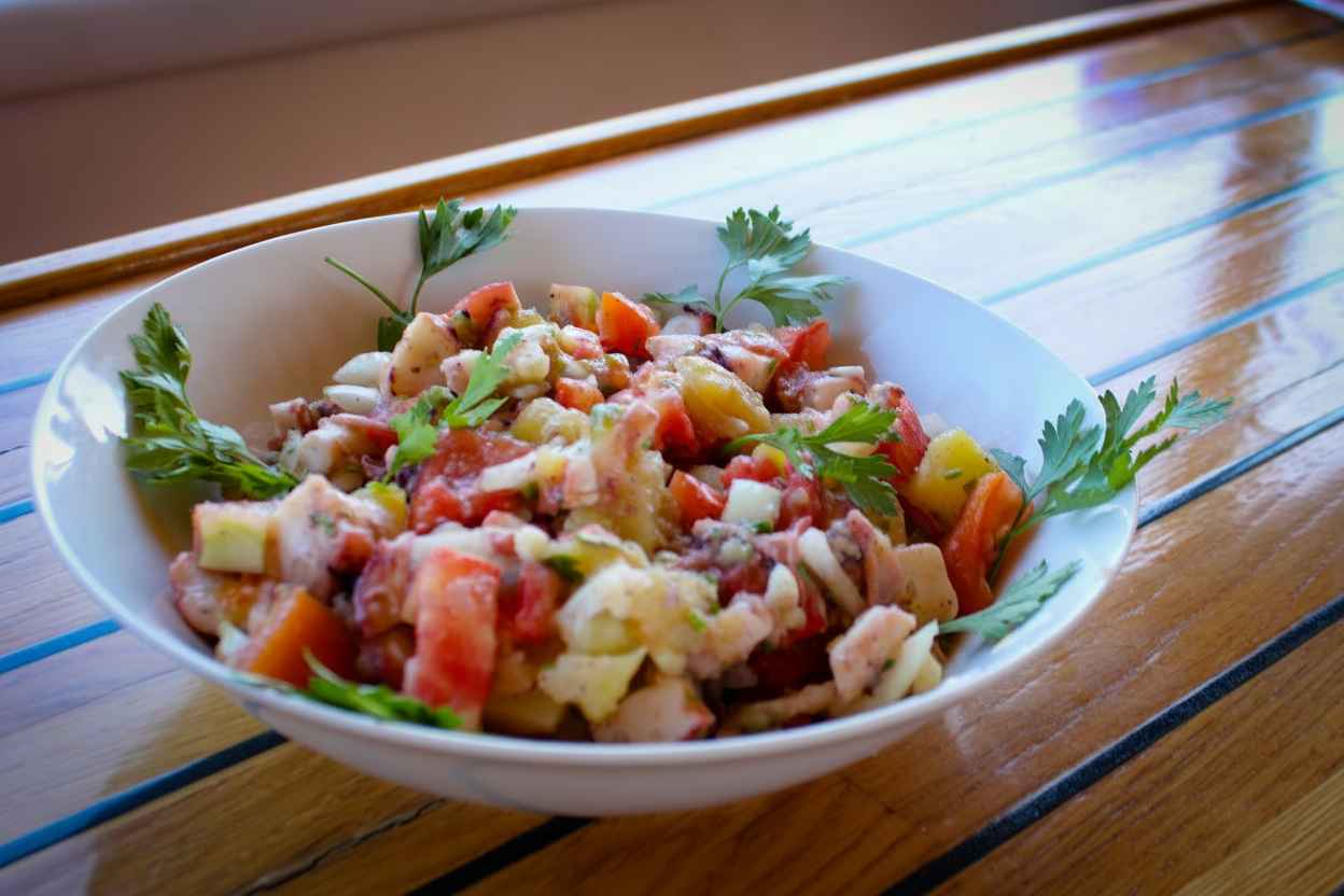 Octopus salad served for lunch on a boat trip A fresh octopus salad with tomatoes and herbs is served as lunch during the boat trip to the Kornati National Park with Avalon Yachting Šibenik.