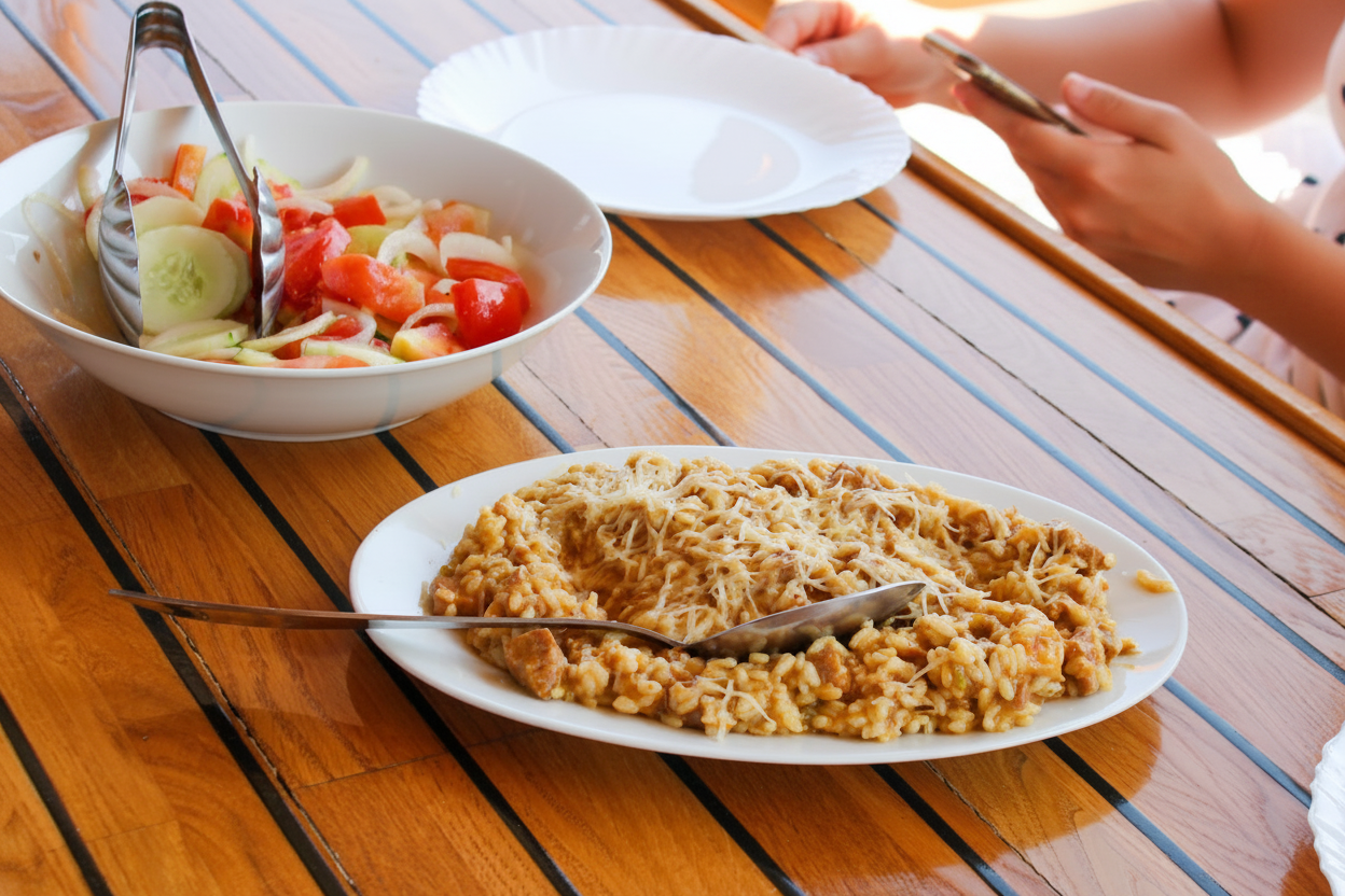 Lunch of risotto and salad on a boat trip A plate of risotto and a bowl of salad are served for lunch on a wooden table during a boat trip to the Kornati National Park with Avalon Yachting Šibenik.