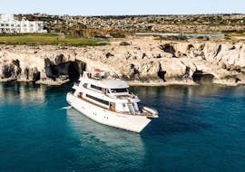 The luxurious boat used for the luxury boat trip to the Blue Lagoon with lunch with Ocean Queen Ayia Napa is ready and waiting in the harbour.