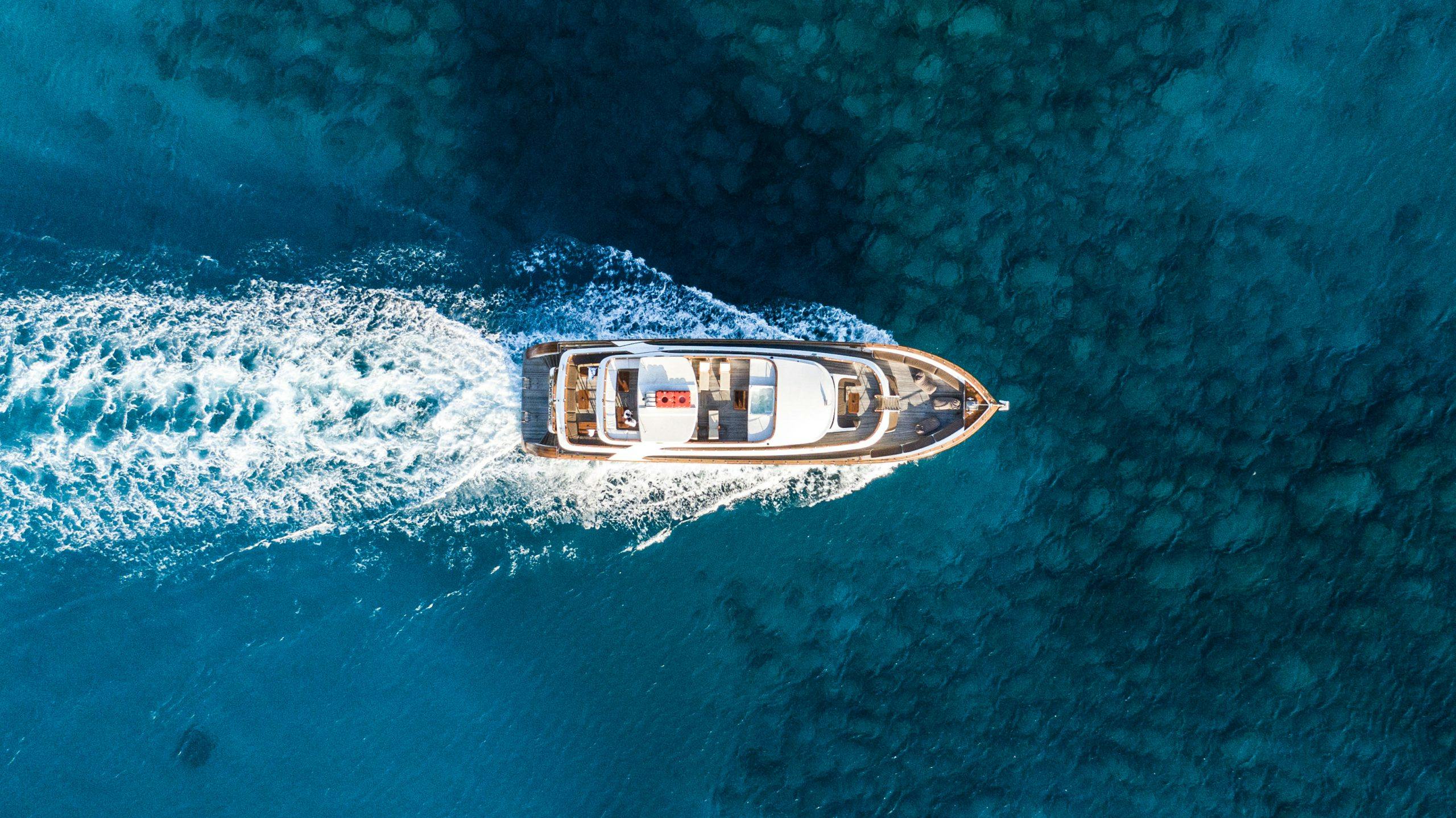 Luxury boat used on the sunset boat trip to the Blue Lagoon with Ocean Queen Ayia Napa, sailing over the blue waters off Cyprus.