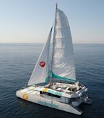 El elegante y moderno catamarán de vela ecológico navega por el mar de Alborán durante un día completo en barco desde Málaga por la Costa del Sol con Mundo Marino Costa del Sol.