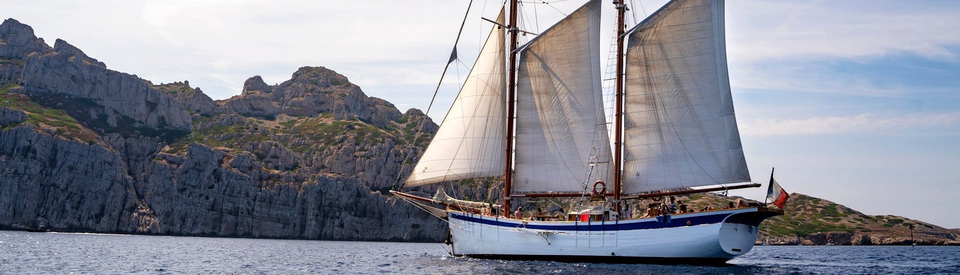 Our boat La Goélette Alliance captured during the Sailing Trip to the Calanques of Marseille with Snorkeling.