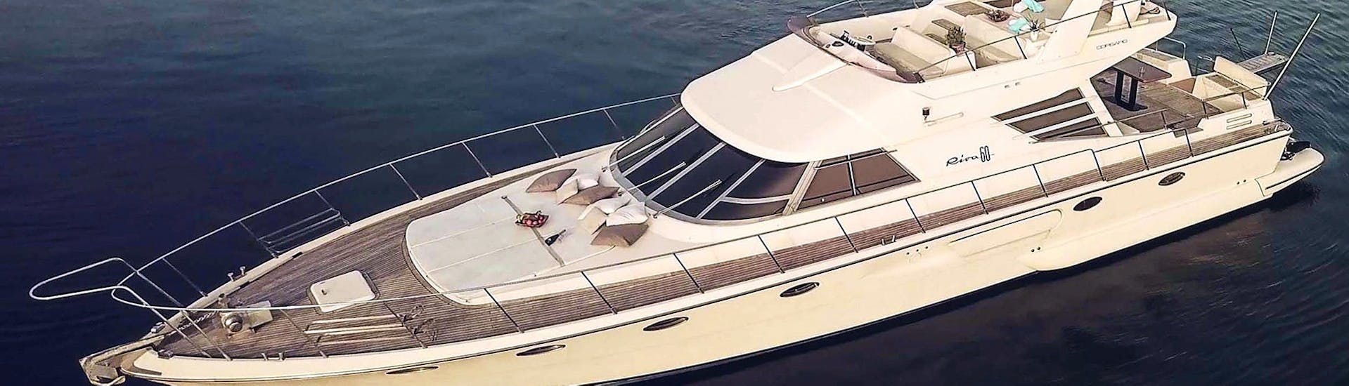 The luxurious INDIGO yacht in the private luxury yacht trip around Milos, Kimolos and Polyaigos with Indigo Yacht Milos.