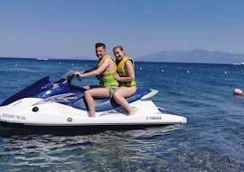 Picture of two people going on a jet ski ride in Psalidi Beach in Kos with Flyboard Watersports Kos.