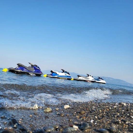 View of the jet skis in Psalidi Beach in the island of Kos from Flyboard Watersports Kos.