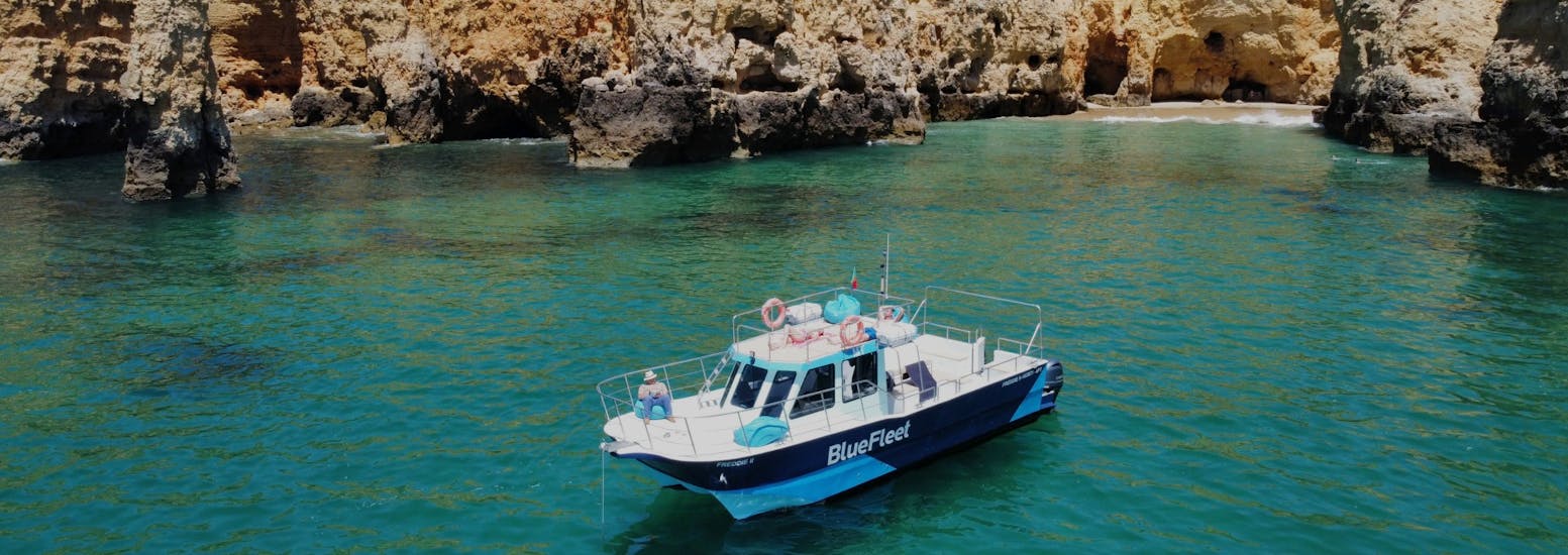 People on the boat during the Boat Trip along the coast to Ponta da Piedade with Lunch with BlueFleet Lagos.