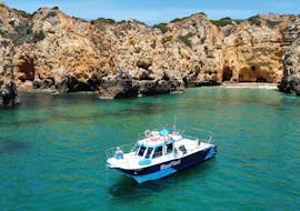 The boat of BlueFleet Lagos during the Boat Trip along the coast to Ponta da Piedade with Lunch.