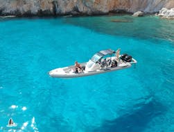 Bird's-eye view of the RIB boat in the private RIB boat trip around Milos with Polco Sailing.