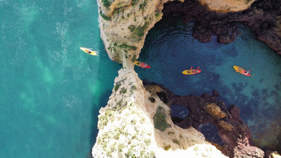 Aerial view of a group during their sea kayaking around Ponta da Piedade with boat transfer from Lagos with Blue Fleet Lagos.