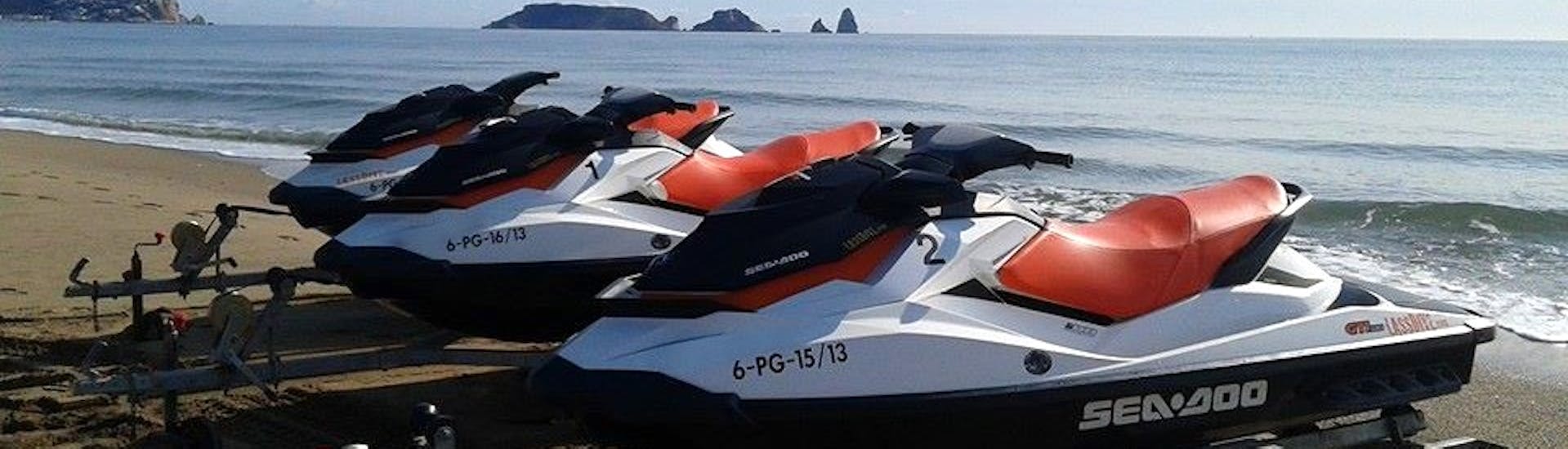 Some of our jet skis during a Jet Ski Safari to Medes Islands and Montgrí Coast with Lassdive.