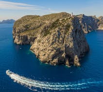 Picture of Cap Formentor and our boat during a Catamaran Trip to Cap Formentor with Swimming with Lanchas La Gaviota.