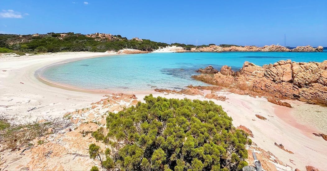 Photo of the special Pink Beach of Budelli seen during a RIB boat trip from Cannigione to the La Maddalena archipelago with an aperitif with Noleggio Le Isole Cannigione.
