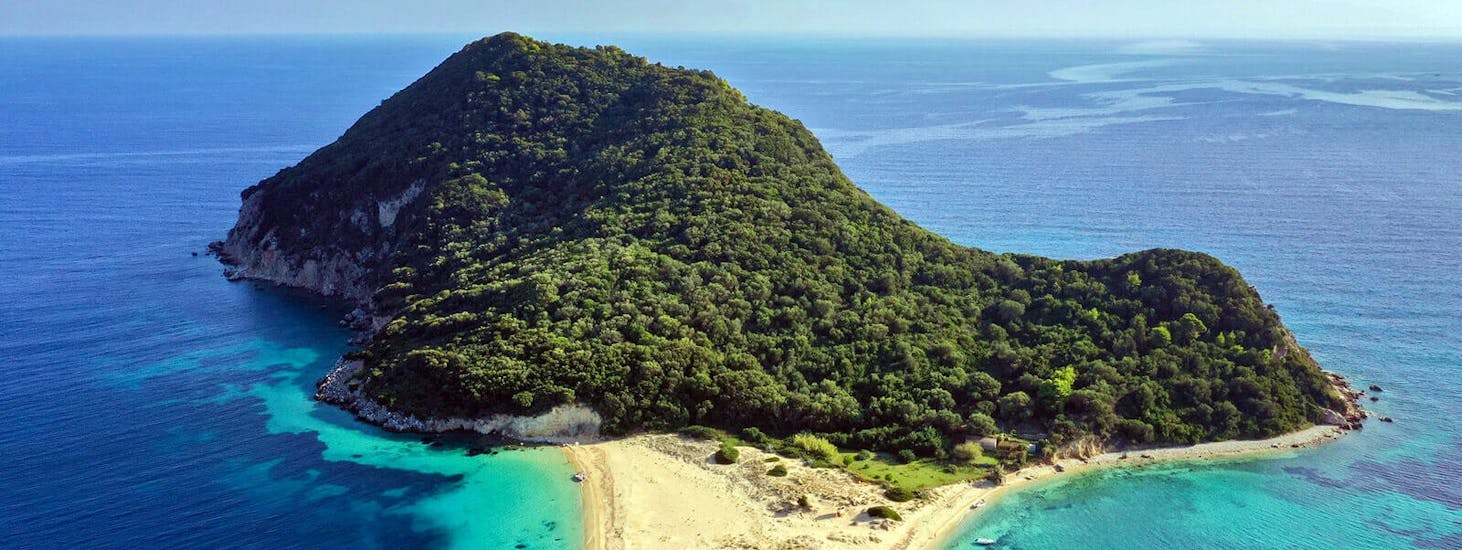 Spectacular view of the unspoiled Marathonisi Island, seen in the private boat trip around Zakynthos with turtle spotting with Serene Private Cruises.