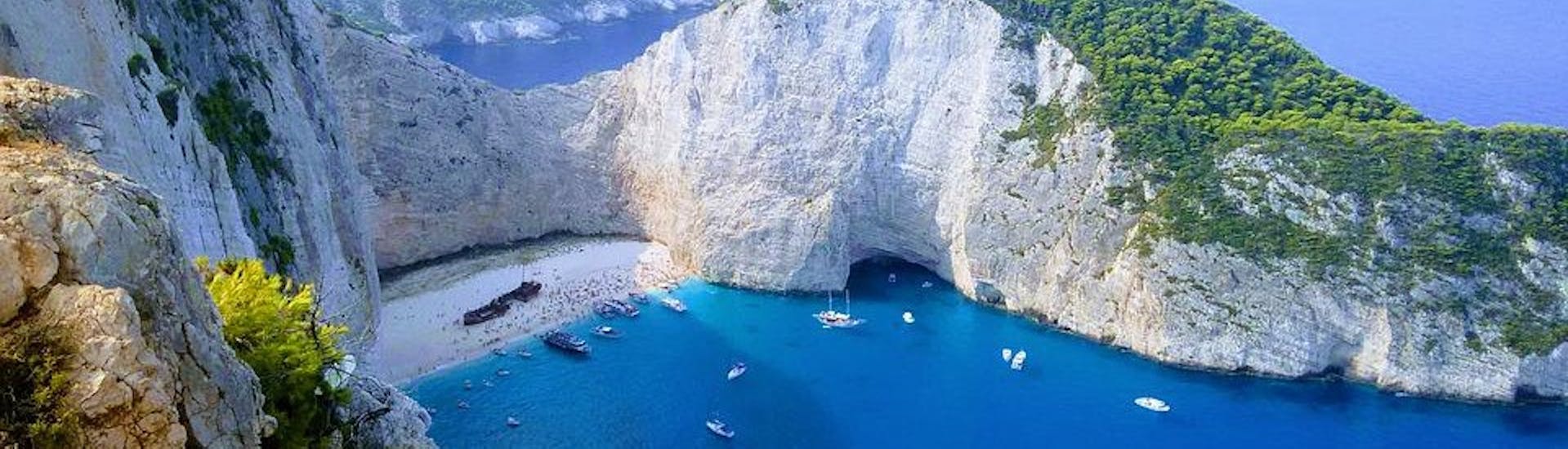 View of the astonishing Navagio Beach, with the shipwreck from 1980, visited in the private boat trip to the Navagio Beach and the Blue Caves with Serene Private Cruises.