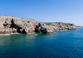 View of the Algarve's spectacular coastline from the sea, in the RIB boat trip along the coast between Lagos and Sagres with Zawaia Experience.
