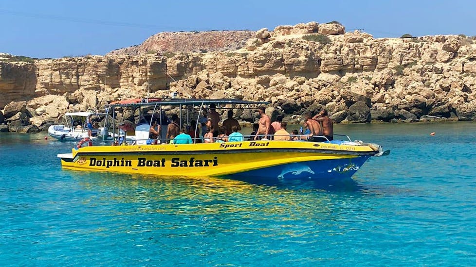 Our motorboat navigating along the stunning coast of Ayia Napa during a boat trip along the Famagusta Coast, incl. the Blue Lagoon with Dolphin Boat Safari.