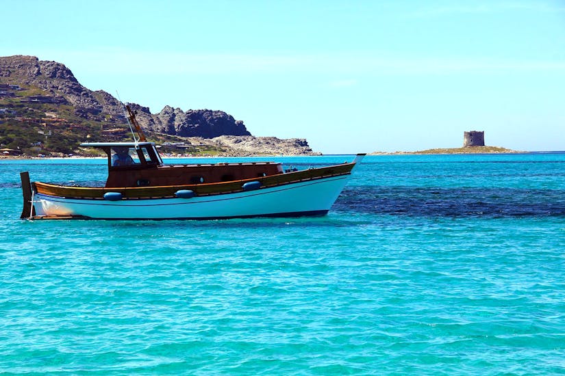 La barca di Onda Blu Asinara usata per la Gita in barca da Stintino al Parco dell'Asinara con pranzo sta navigando nel mare.
