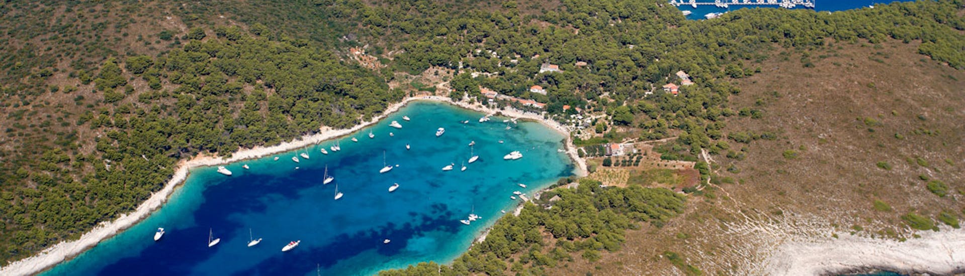 Aerial view of the Golden Horn Beach during a Private Boat Trip to Golden Horn Beach & Pakleni Islands with Boka Boats Hvar.