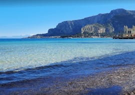 A picture of the beach in Mondello, taken during the Boat Trip to Vergine Maria, Addaura and Mondello with Aperitif with Luca e Angela Lady Grace Palermo.