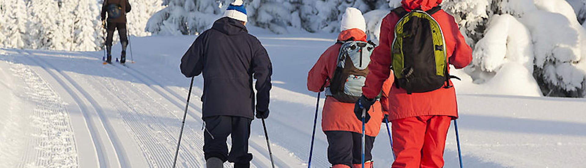 Groupe de personnes marchant sur une piste pendant les cours de ski de fond (dès 4 ans) pour tous les niveaux de G&S snowsportschool Mitterdorf.