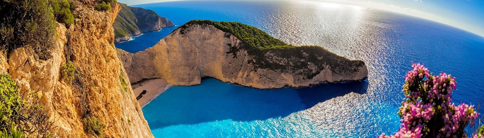 The view on the Shipwreck Beach from above during the Private 1 Day Boat & Car Trip from Zakynthos to Shipwreck Beach and the Blue Caves.