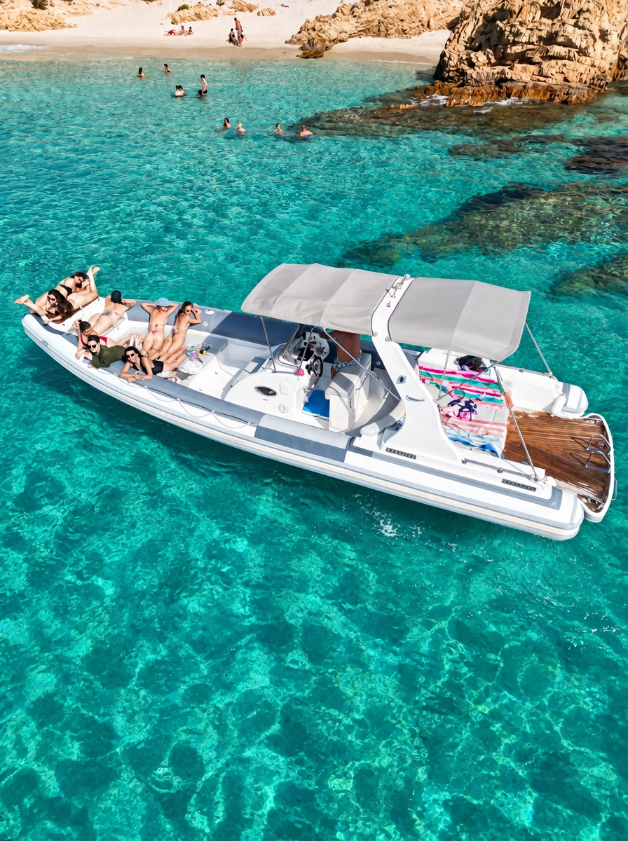 Los huéspedes se relajan en la proa de una Maxi Rib de 10 metros anclada en aguas turquesas durante una excursión privada por el archipiélago de La Maddalena con Maxi Rib Excursions La Maddalena.