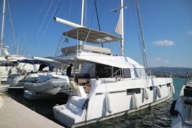 The boat moored at the port before the Catamaran Trip from Agios Nikolaos to the Mirabello Bay with DanEri Yachts Crete.