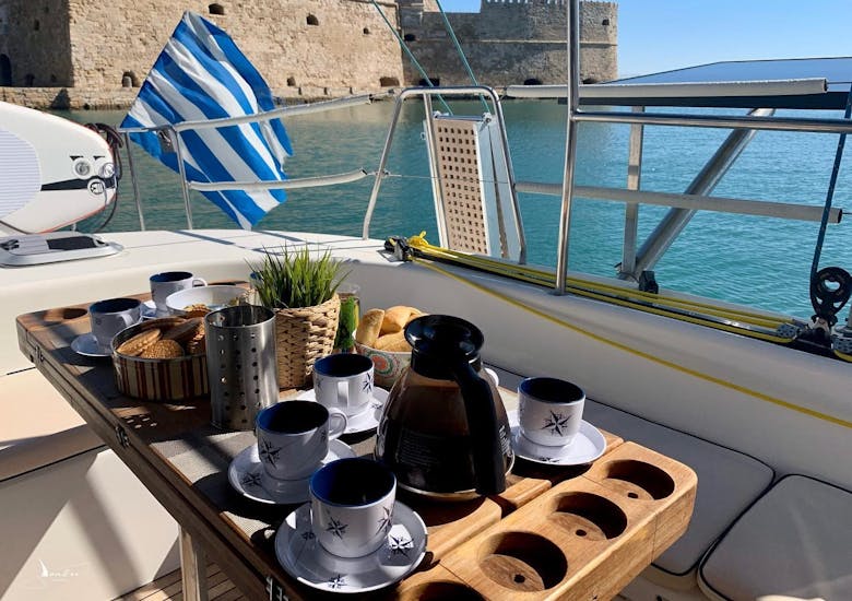 The food is served during the Catamaran Trip from Agios Nikolaos to the Mirabello Bay with DanEri Yachts Crete.