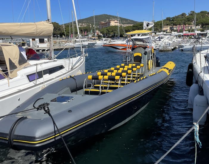 The boat is moored at the port before the Private Boat Trip around the South of Corsica from Porto-Vecchio with Corsica Sud Croisières.