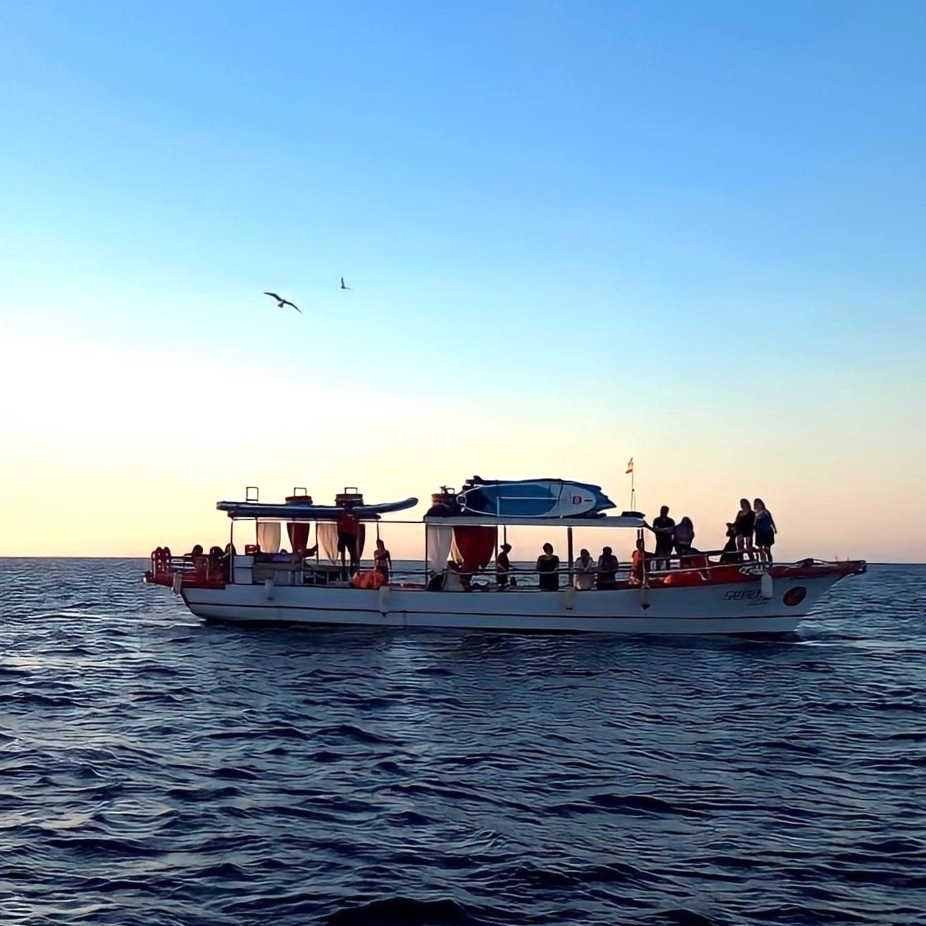 Barco navegando durante el atardecer por la costa de Ibiza con Salvador Ibiza.