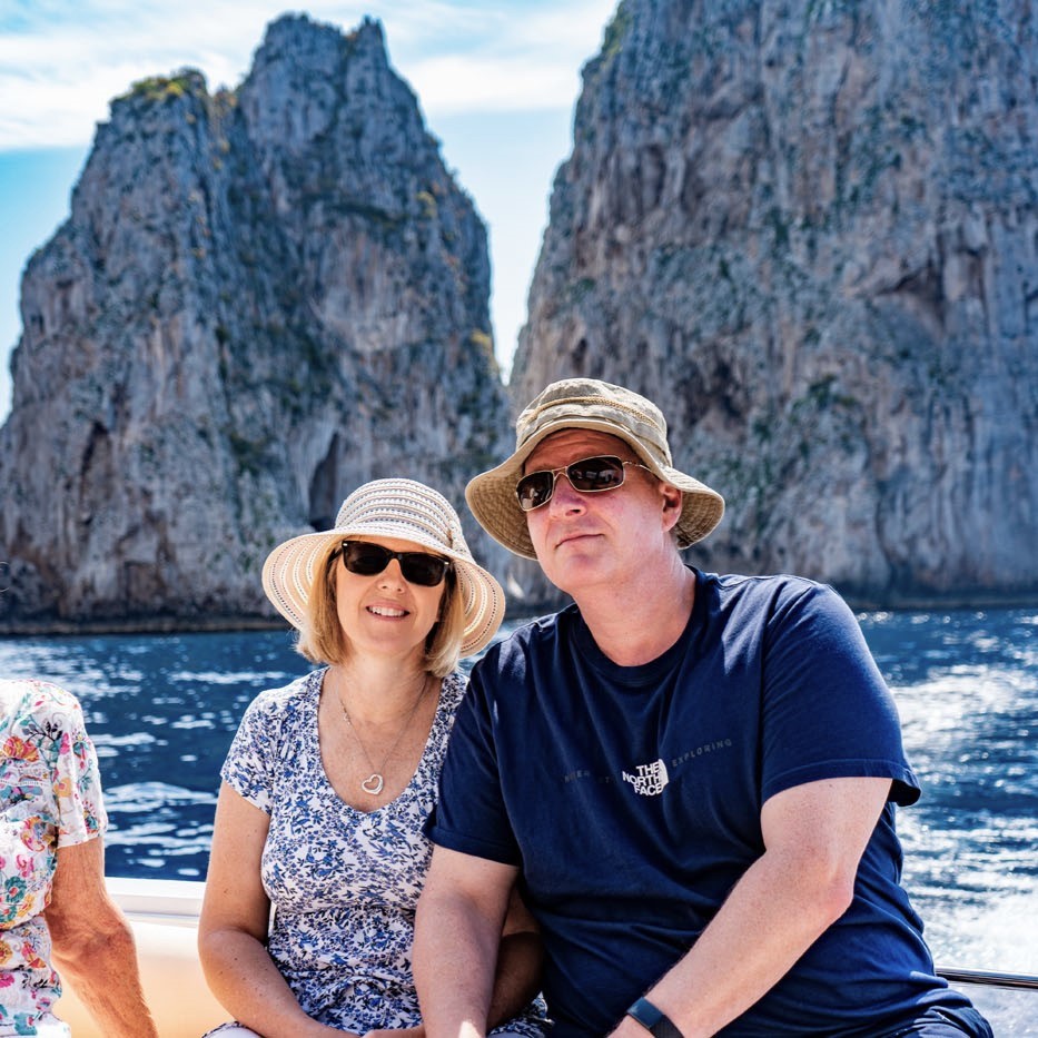 Two participants are happy to take part in the Private Boat Trip from Sorrento to Capri & Positano with Apéritif and Snorkelling with The Morgans.