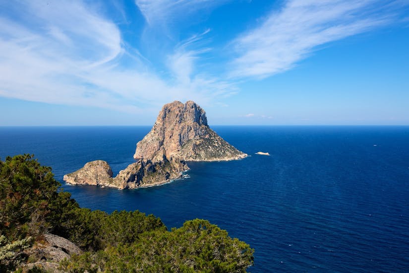 The Islet of Secrets viewed from the sky during the Catamaran Trip to Es Vedrà with Apéritif with Sea Experience Ibiza.