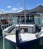 The front of our boat that you will use during the Boat Trip around Mirabello Bay to Spinalonga with Swimming Stops from Indigo Cruises Elounda.