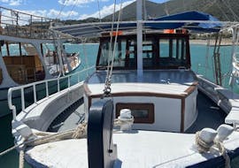 The front of our boat that you will use during the Boat Trip around Mirabello Bay to Spinalonga with Swimming Stops from Indigo Cruises Elounda.