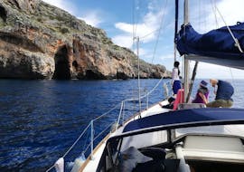 The boat of Morgana Sailing Leuca is navigating during the Private Sailing Trip from Santa Maria di Leuca with Lunch.