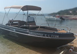 The front of our biggest boat where you can relax during the Boat Rental in Ouranoupoli (up to 8 people) without Licence with Rent a Boat Lampou.