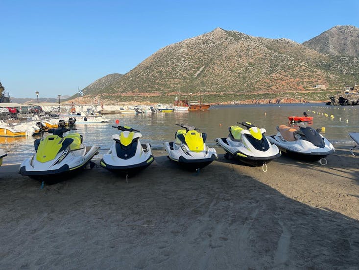 The jet skis are waiting for you on the beach to begin the Jet Ski in Bali on Crete with The Skippers Bali.