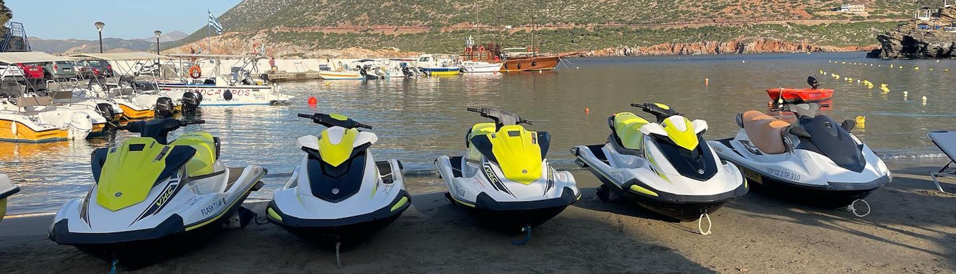 The jet skis are waiting for you on the beach to begin the Jet Ski in Bali on Crete with The Skippers Bali.