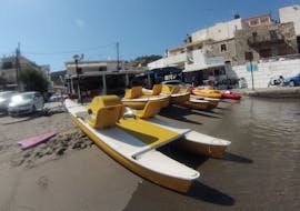 The pedal boats are ready to enter the water during the Pedal Boat at Bali on Crete with The Skippers Bali.