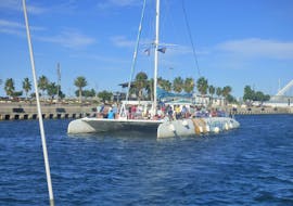 Ein Katamaran segelt bei einer Tour um die Bucht von Valencia mit Mundo Marino an der Küste entlang.