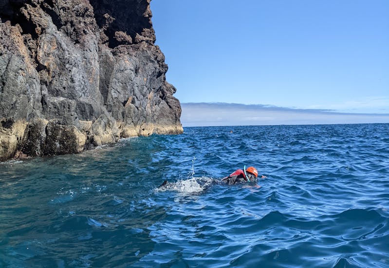 Qualcuno esplora i fondali marini vicino la costa durante il Coasteering con snorkeling a Madeira con Lokoloko Madeira.