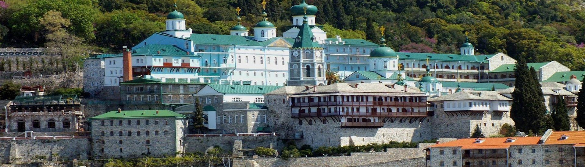 One of the monasteries of the Mount Athos, which can be seen from the boat during the Private Boat Trip to Mount Athos and Ammouliani Island with Swimming with Luxury Sport Cruise Halkidiki.